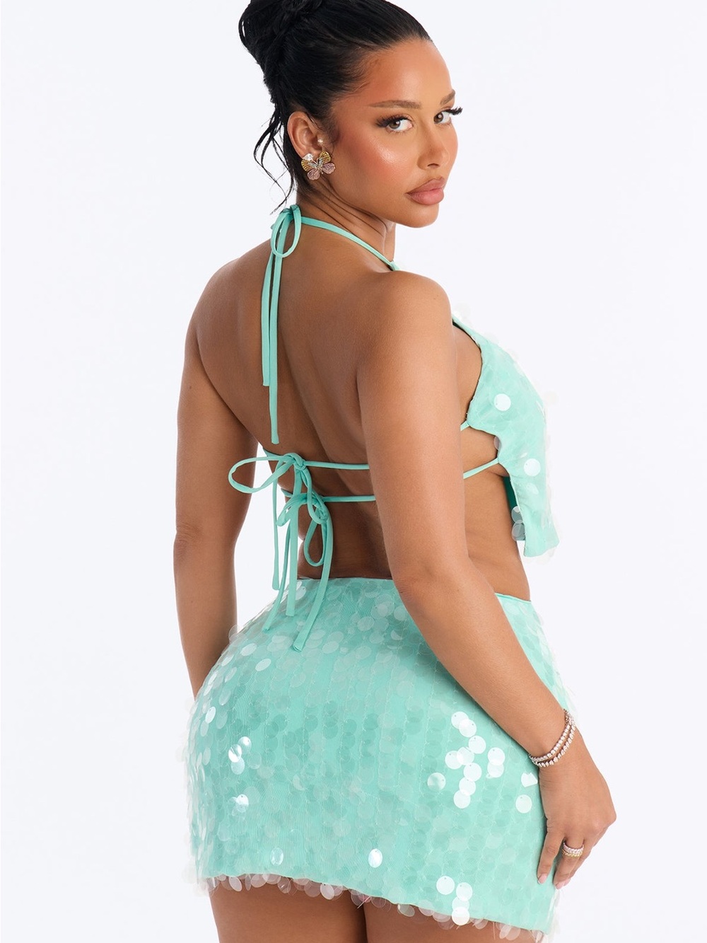 Fashion Nova Mint Sequin Backless Halter Mini Dress